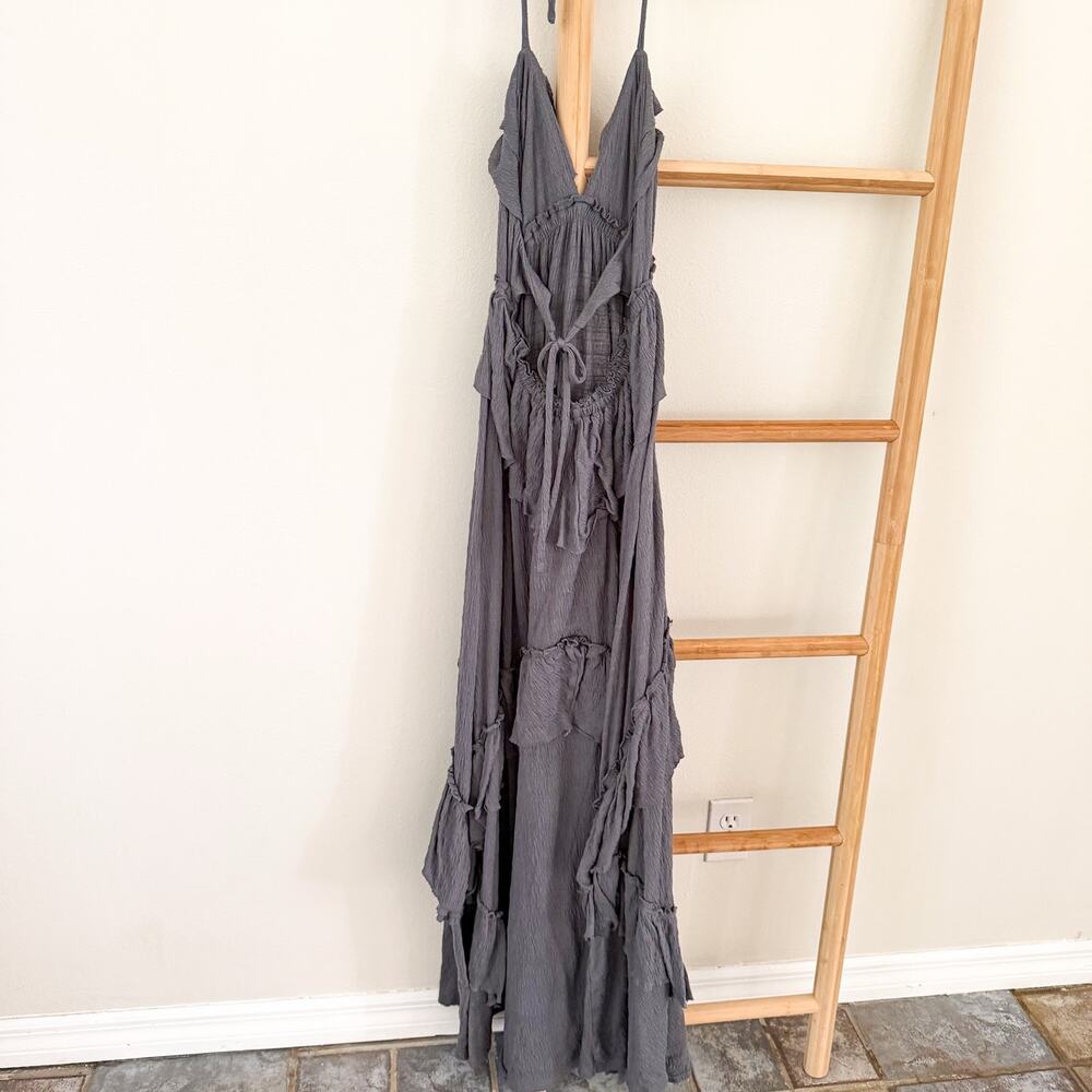 Free People Beach Santa Luz Ruffle Maxi Dress Gray Boho Open Back XS - Picture 7 of 11